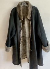 City Black Leather Long Sleeves Sheepskin Fur Coat Overcoat Size: Large / Xlarge