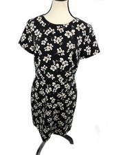 LOFT Women's Black White Floral Print Short Sleeve Knit Dress Size 8 Pockets