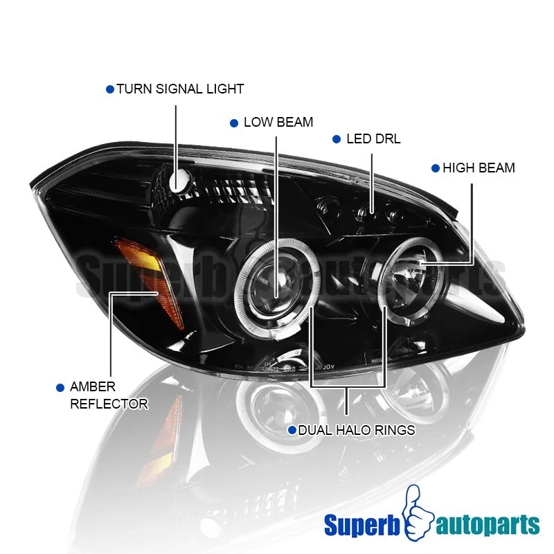 Fits 2005-2010 Cobalt Pontiac G5 Polished Black Projector Headlight LED Bar Foto 3 de 4