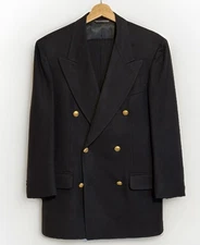 VTG USA Banana Republic 36R Flannel Navy Wool Double Breasted Gold Button Blazer