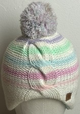 Women  s Cable Knit Beanie Hat Pastel Striped Pom Pom Winter Cap Ear Coverage