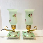 2 Vintage Electric Milk Glass Hand Painted Floral Hurricane Table Lamps - Works!
