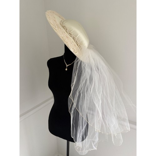 Bridal Hat Veil Pearl Beaded Ivory Satin Wedding Occasion Church boho chic