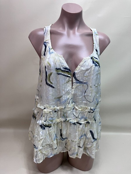 Lauren Vidal Size 10 Cream Print Ruffle Tunic Top Festival Boho Casual Beach