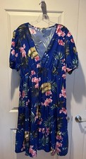 SHEIN Curve Tropical Floral V-Neck Tiered Dress Plus Size 2XL Blue Pink