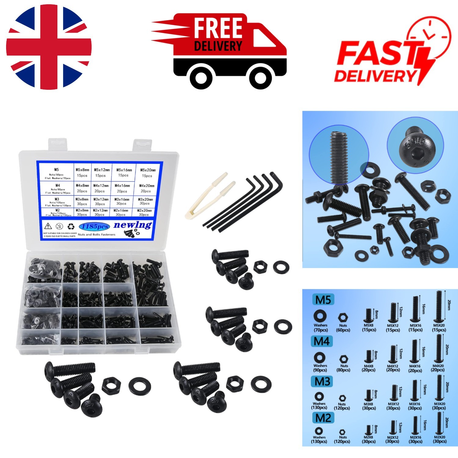 Industrial-Grade 1185-Piece Black Screws and Nuts Set - Durable Carbon Steel