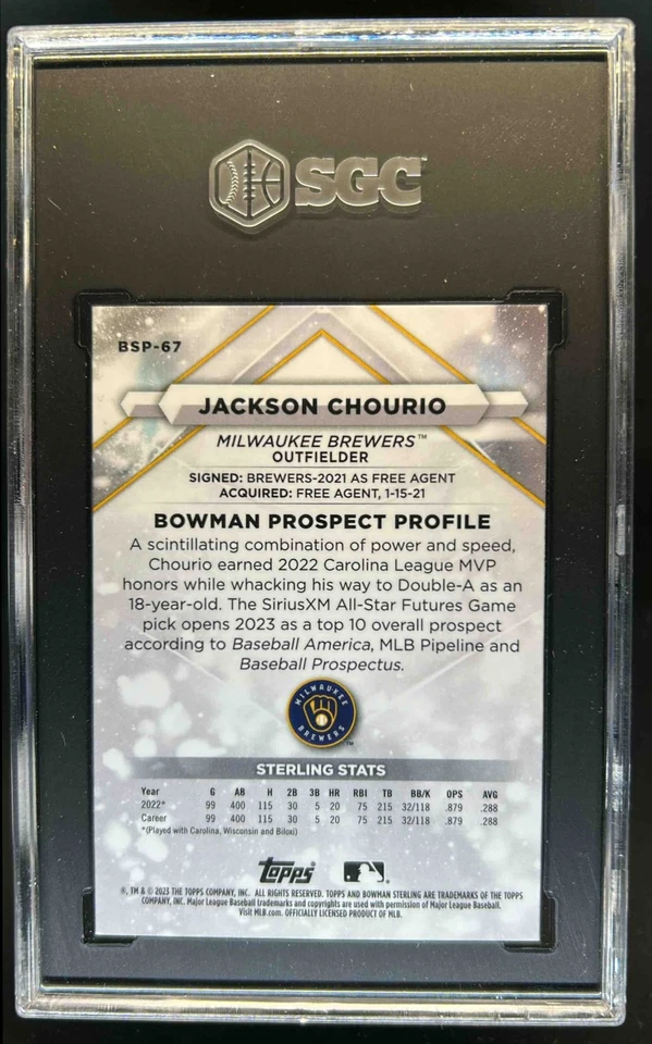 2023 Bowman Sterling Jackson Chourio #BSP-67 Brewers SGC 10 - Image 2 of 2
