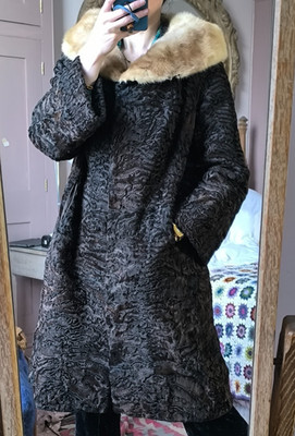 Vintage Echtfell Leder Perser Lamm Ziege Astrachan Jacke langer Mantel 12 10