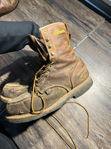 Thorogood 804-3898 men’s moc toe waterproof boots with brown leather uppers, black laces, and visible Thorogood logo.
