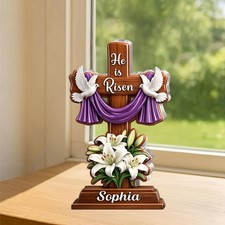Personalized He Is Risen Acrylic 2D Flat Plaque, Christian Easter Faith Gift