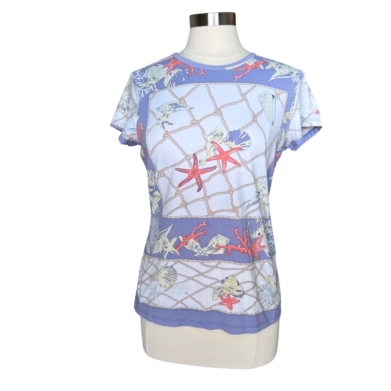 J. McLaughlin Women Nautical Starfish Shell Print Short Sleeve Tee Blue Large