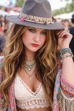 Fedora Hat Wide Brim Panama GRAY Felt braided ribbon band Tassels Festival Boho