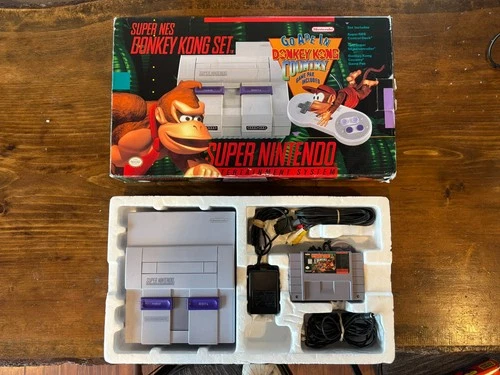 Rare SNES donkey kong country in box,Ultimate Bundle of games,game genie! Read!!
