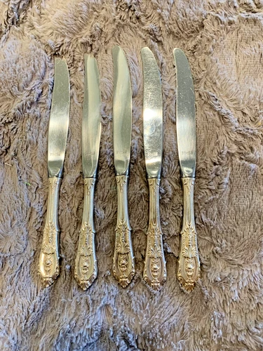5 Rose point by wallace sterling silver table knifes antique 367 grams