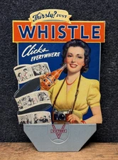 Vtg NOS 1942 Whistle Orange Soda Die Cut Cardboard Bottle Topper Sign 8.25” Rare