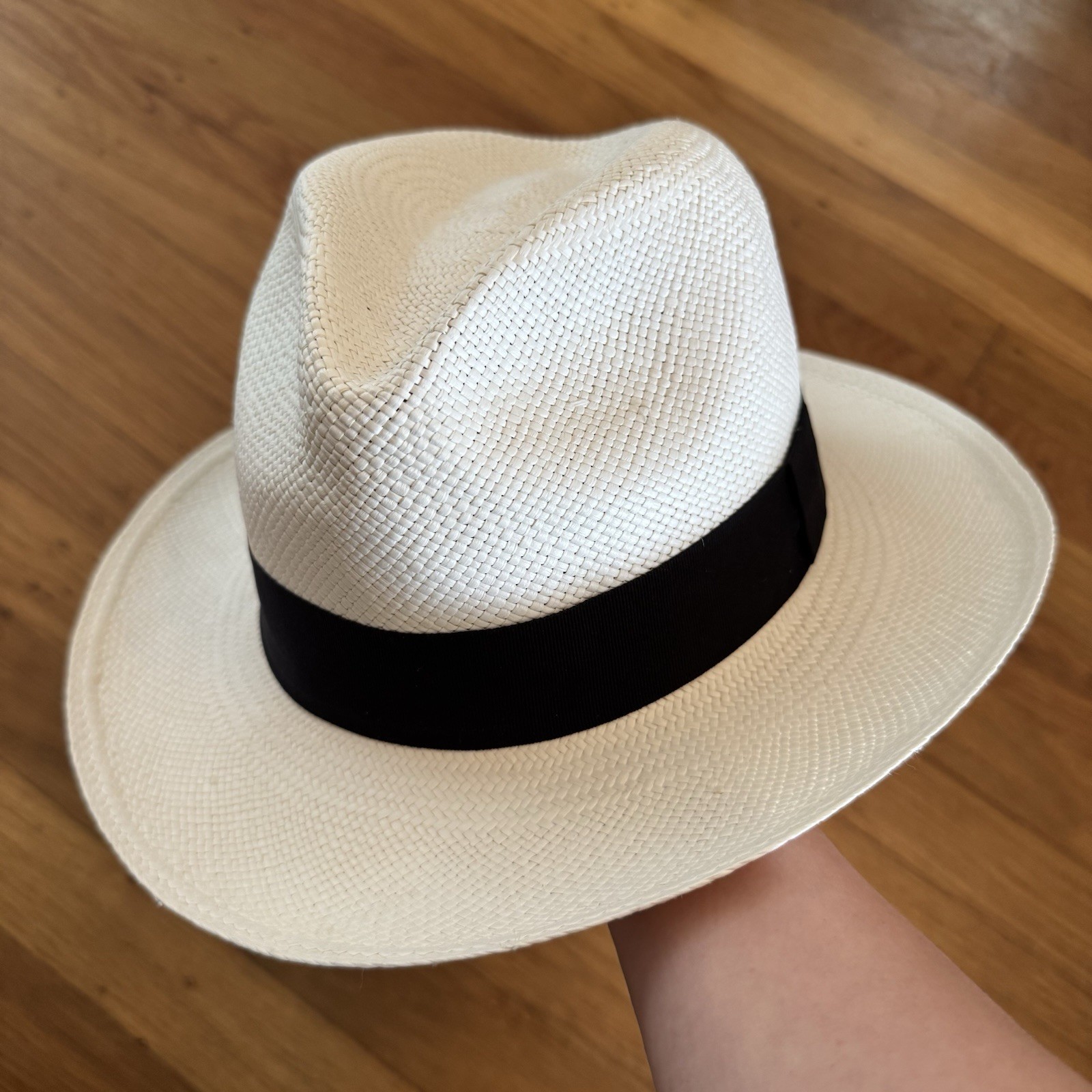MONTECRISTI 100% STRAW GENUINE PANAMA WHITE HAT 55 Handwoven white fedora 