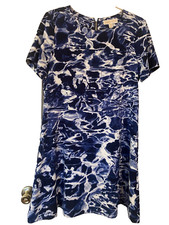 Michael Kors Blue Water Dress Size 6 Exposed Back Zip A-Line Short Sleeves Knee