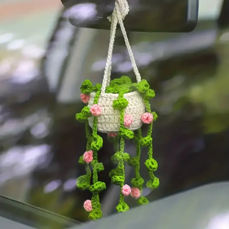 Cute Crochet Car Plant Hanger for Rearview Mirror Decor
