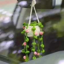 Car Plant Crochet Hanging Basket Cute Rearview Mirror Hanging Ornament Car Decor