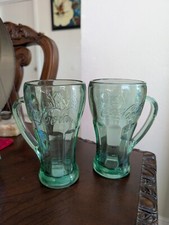 VINTAGE PAIR of Libbey Coca Cola Green Glass Mugs W/ Handle Heavy 14 OZ 6.25"