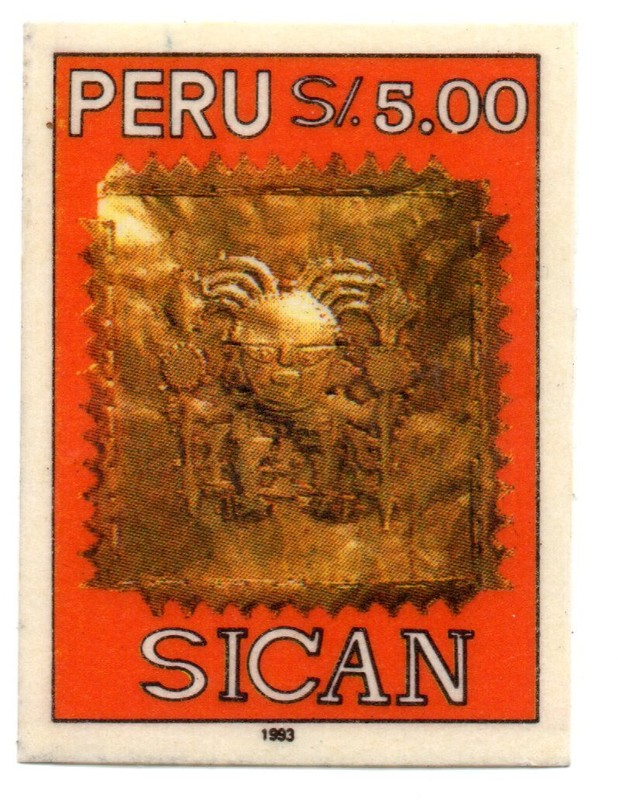 Sican Culture, gold deity, rare self adhesive stamp, Perú 1993, accept offers