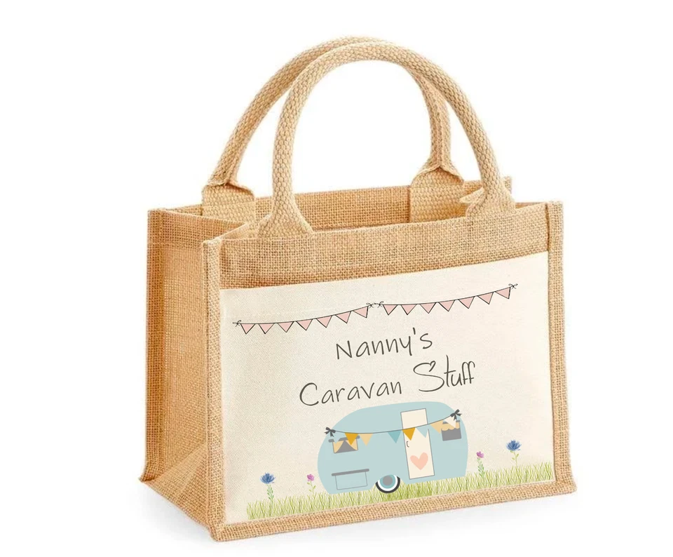 Personalised XL Jute Bag Shopping Bag Caravan Stuff Nan Mum Friend Camping bag