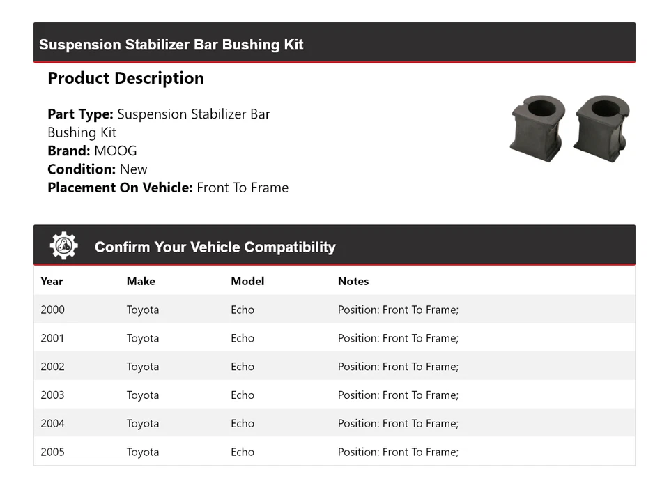 Kit de buje de barra estabilizadora de suspensión para Toyota Echo 2000-2005 MOOG 2000 2001 Foto 2 de 4