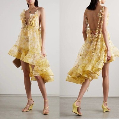 NWT Zimmermann Harmony Floral Asymmetric Silk Organza Dress Yellow Peony 0P