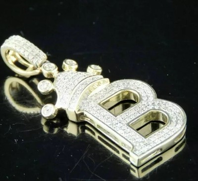 1.8 Round Lab-Created Diamond Crown ''B'' Letter Pendant 14k Yellow Gold Plated