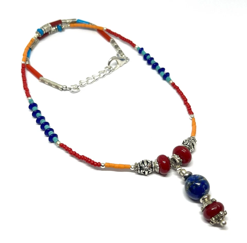 Lapis, Coral Gemstone Tibetan 925 Sterling Silver Necklace Jewelry 18" adjust - Image 3 of 4