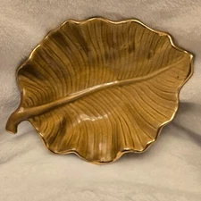 Mid Century California Pottery Green Gold 8" Leaf Dish M709 Hand Painted USA