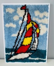 Vintage 1980s 90s nautical latch hook rug sailboat wall hanging Sail Boat 27x20  