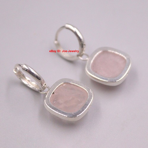 Solid 925 Sterling Silver With Natural Rose Quartz Women's Dangle Earrings - Picture 3 of 5
