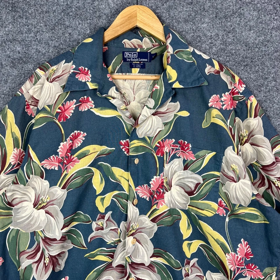Camisa polo vintage Ralph Lauren acampamento XLarge masculina floral azul linho Ramie - Imagem 3 de 4
