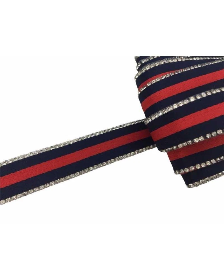 50 Cm Nastro Termoadesivo Rasato Blu Rigato Rosso Strass Laterali Alto 2 Cm 1837 - Immagine 3 di 3
