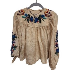 Vintage 70s Embroidered Peasant Blouse Floral Bohemian Boho Chic Size M