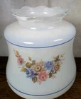 VTG white milk glass hurricane lamp shade featuring blue stripes W/ Ruffled Rim
