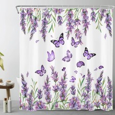 Purple Floral Shower Curtain Purple Lavender and Butterfly on White Shower Cu...