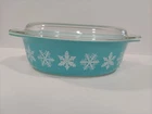 Vintage MCM Pyrex 045 Turquoise Snowflake Oval Casserole Dish with Lid 2 1/2 qt