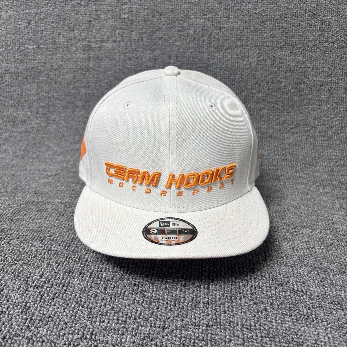 New Era 9FIFTY Youth Snapback Hat Team Hooks Motorsport White Orange Cap
