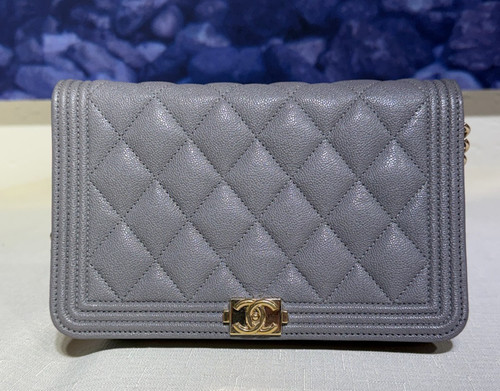 Chanel Boy WOC Grey Caviar Leather Quilted Flap Crossbody Shoulder Bag Wallet