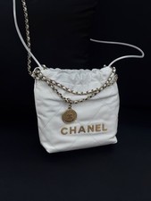 Auth Chanel Mini White Lambskin Quilted Gold Hardware Chain Crossbody Bucket Bag