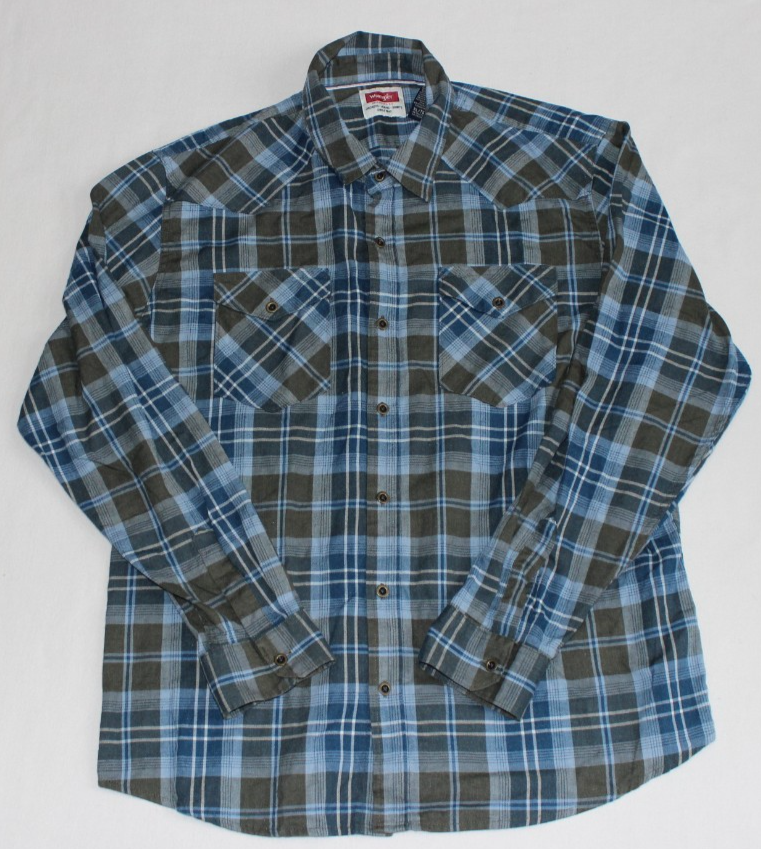 Wrangler Men's Button-Up Flannel Shirt Size XL Blue Green Plaid Long Sleeve