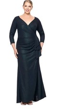 $249 XSCAPE Metallic-Threaded Gathered-Waist Dress Sz 8 Dark Green NWT
