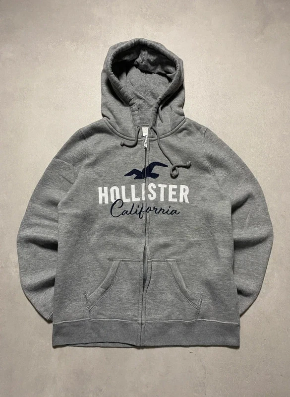 Hollister California Y2K Zip Hoodie Damen | Logo Stickerei Grau Meliert | Größe