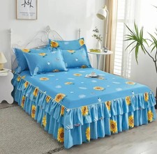 Sunflower Floral Ruffled Queen Bedding Set Blue Pink Polyester 3pc