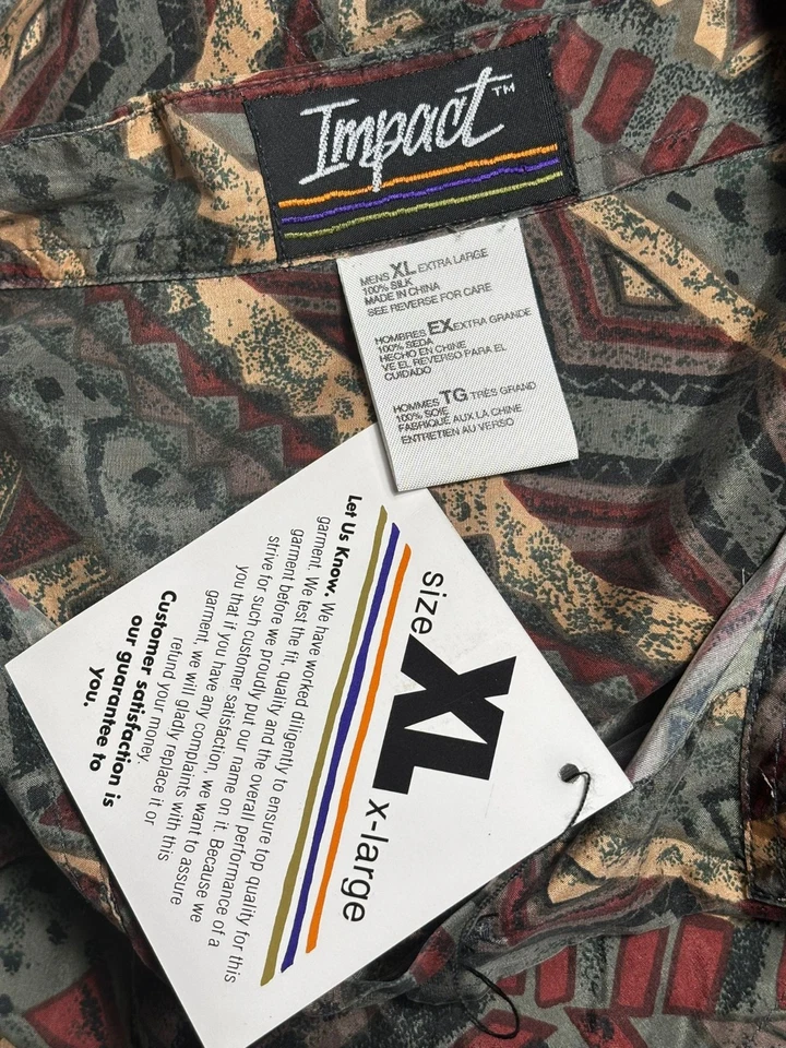 Impact 100% Silk Button-Up Shirt Mens Size XL Short Sleeve Tribal Drum Print NEW - Image 3 of 4