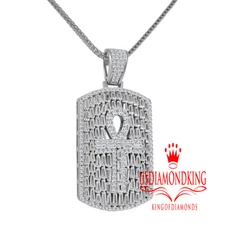 Baguette Genuine White Silver Egyptian Ankh Cross Dog Tag Charm Pendent + Chain