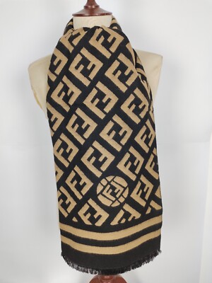 FENDI genuine vintage Black Brown Wool wrap shawl winter scarf scarves  UK