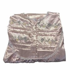 Vintage Delicates Long Nightgown Sz L Pink Satin Embroidered Lacey Long Sleeves